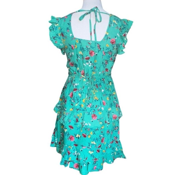 BOG COLLECTIVE LOTTIE & HOLLY GREEN PINK FLORAL MINI DRESS SIZE MEDI TIERED NWT - Picture 3 of 8
